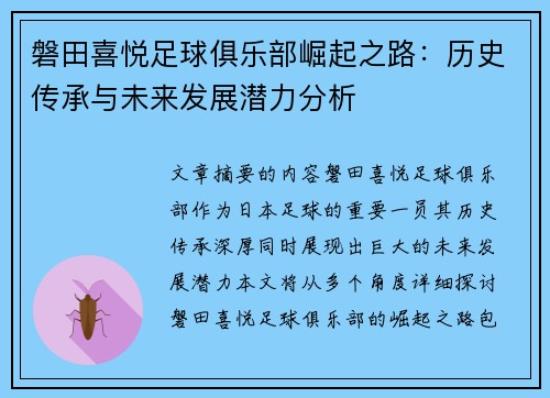 磐田喜悦足球俱乐部崛起之路:历史传承与未来发展潜力分析