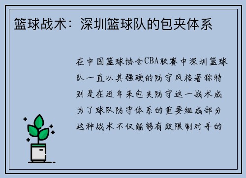 篮球战术：深圳篮球队的包夹体系