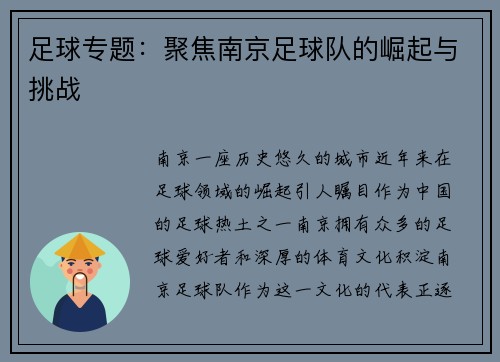 足球专题：聚焦南京足球队的崛起与挑战