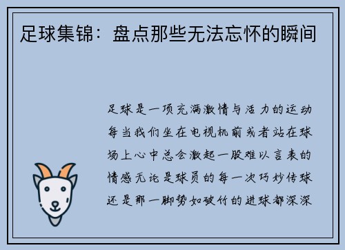 足球集锦：盘点那些无法忘怀的瞬间