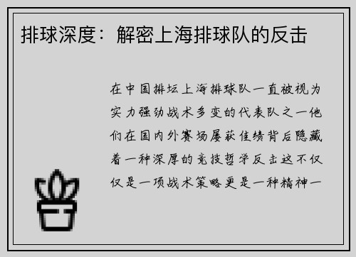 排球深度：解密上海排球队的反击