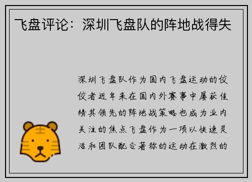飞盘评论：深圳飞盘队的阵地战得失