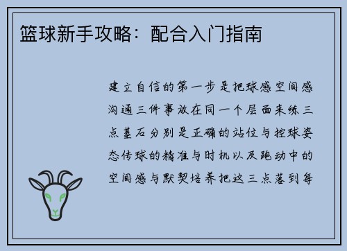 篮球新手攻略：配合入门指南